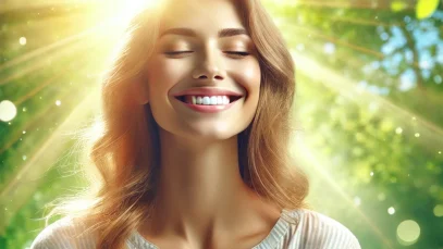 DALL·E 2025-02-28 16.55.13 – A bright and uplifting image depicting a happy person enjoying life. The person is outdoors, smiling, with a natural background of greenery and sunshi