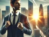 DALL·E 2025-02-28 17.04.17 – A realistic image of a confident person achieving success. The person, dressed in business or casual professional attire, stands in a modern city with