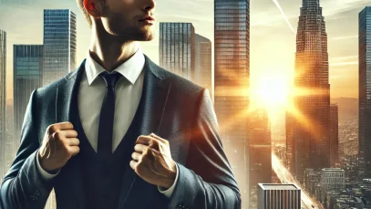 DALL·E 2025-02-28 17.04.17 – A realistic image of a confident person achieving success. The person, dressed in business or casual professional attire, stands in a modern city with