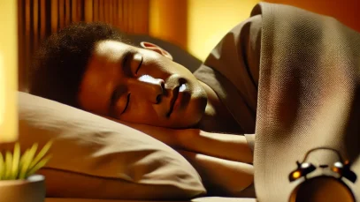 DALL·E 2025-02-28 17.32.38 – A realistic image of a peaceful person sleeping comfortably in a cozy bedroom. The person is resting with a relaxed expression, covered with a soft bl